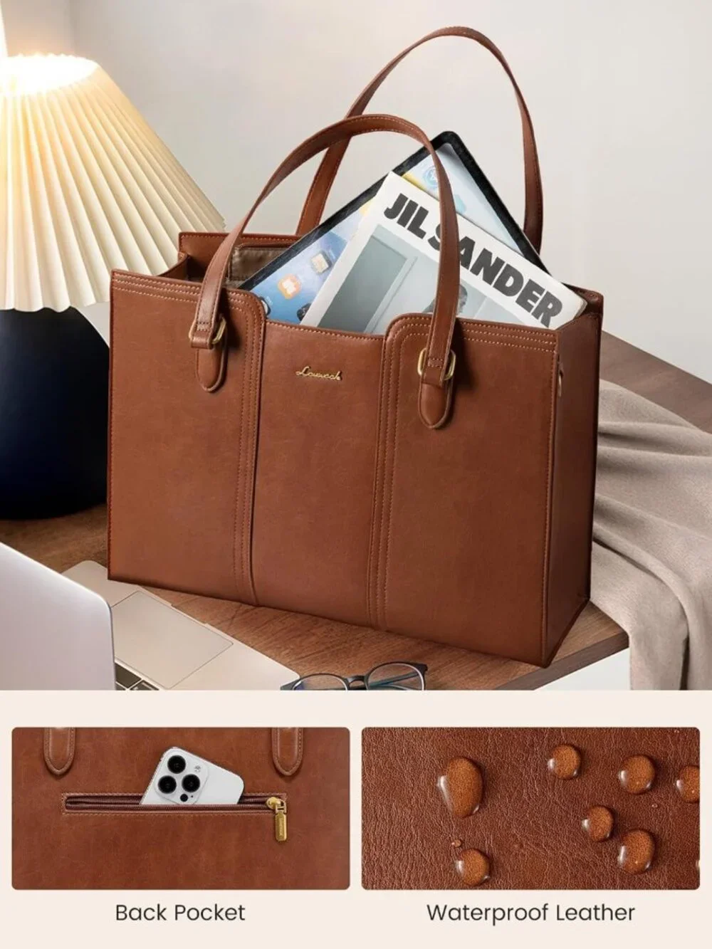 Stylish Waterproof Laptop Tote Bag for Women - Vintage Work Purse with Wristlet